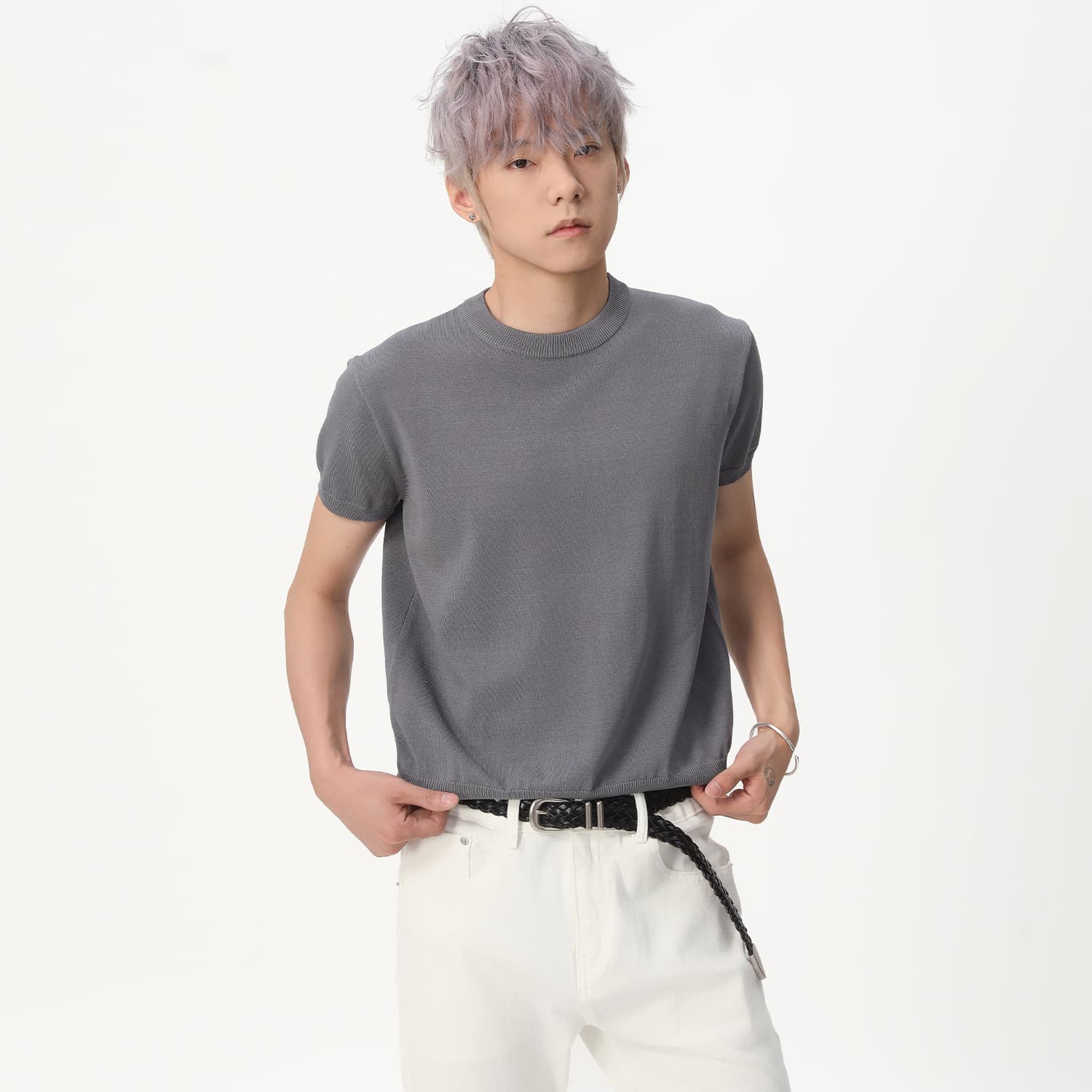 MTLCLOTHES Men's Clothing | Slim Fit Knitted Short Sleeve T-Shirt with Small Collar, Ribbed Hem, Clean Fit