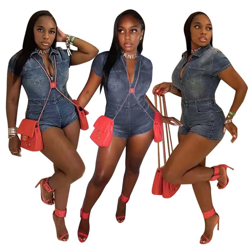 New Short Sleeve Denim Jumpsuit MZ88627 In Stock, Hot Selling for European and American Cross-Border Markets, Washed Stretch Denim Romper