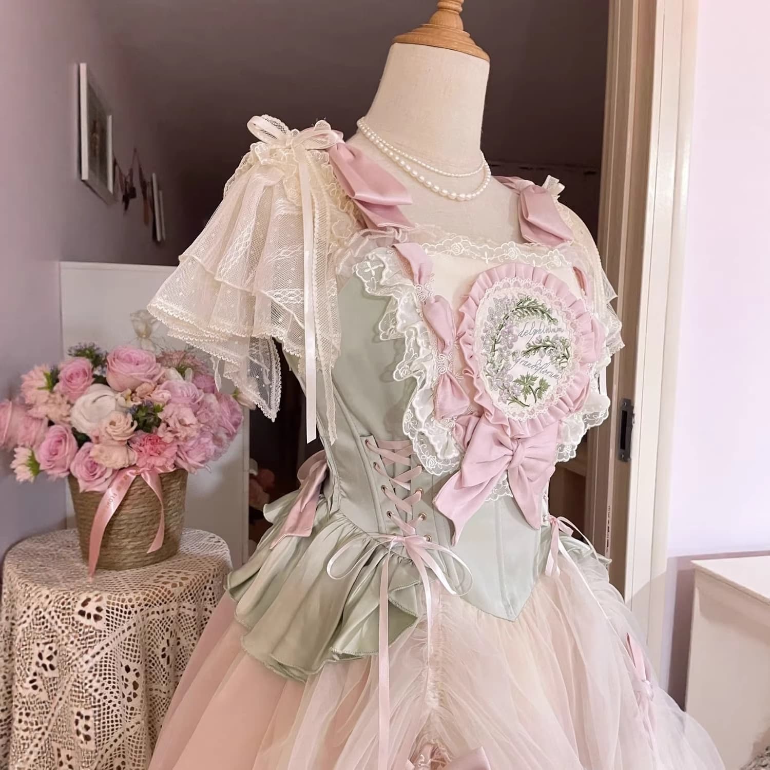 Lolita Ballet Mirror Blouse Lolita Versatile Short Sleeve Summer Lightweight Lace Soft Tulle Four Seasons Flower Top Inner Layer