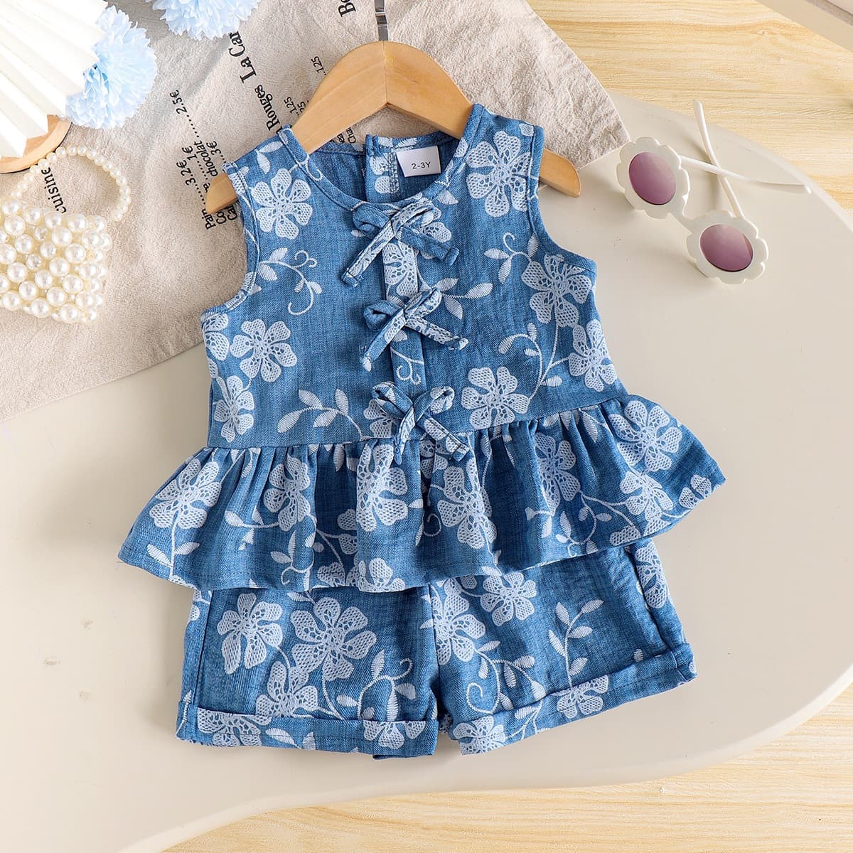 Amazon Cross-border Europe and America Summer Retro Artistic Print Denim Sleeveless Vest with Ruffled Shorts Set