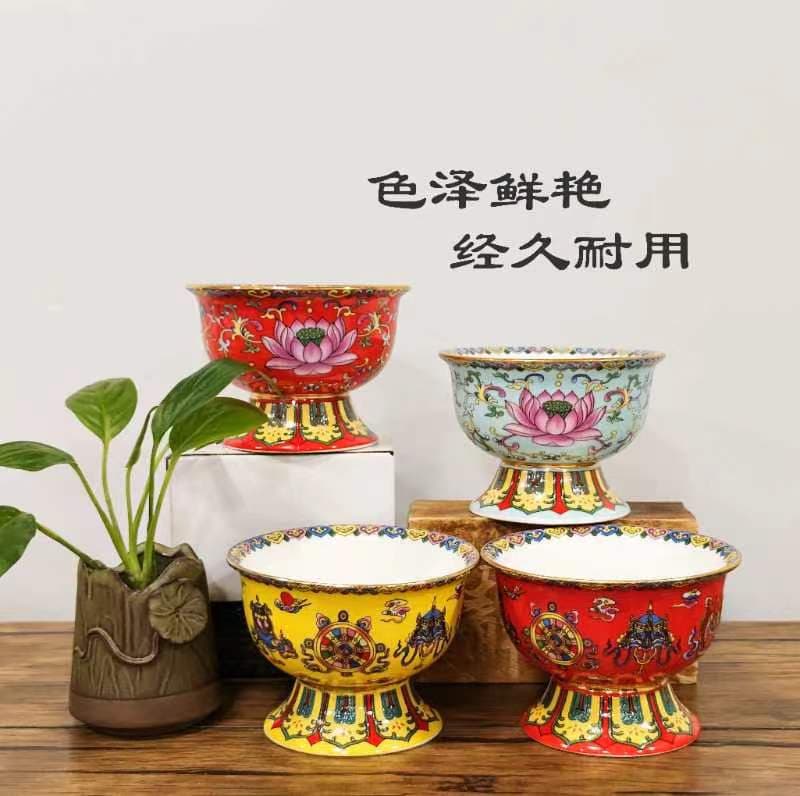 Shanyuantang Eight Auspicious Bowls, Lotus Porcelain Bowls, Ceramic Stem Offering Cups, Water Offering Bowls, Household Ornaments Wholesale