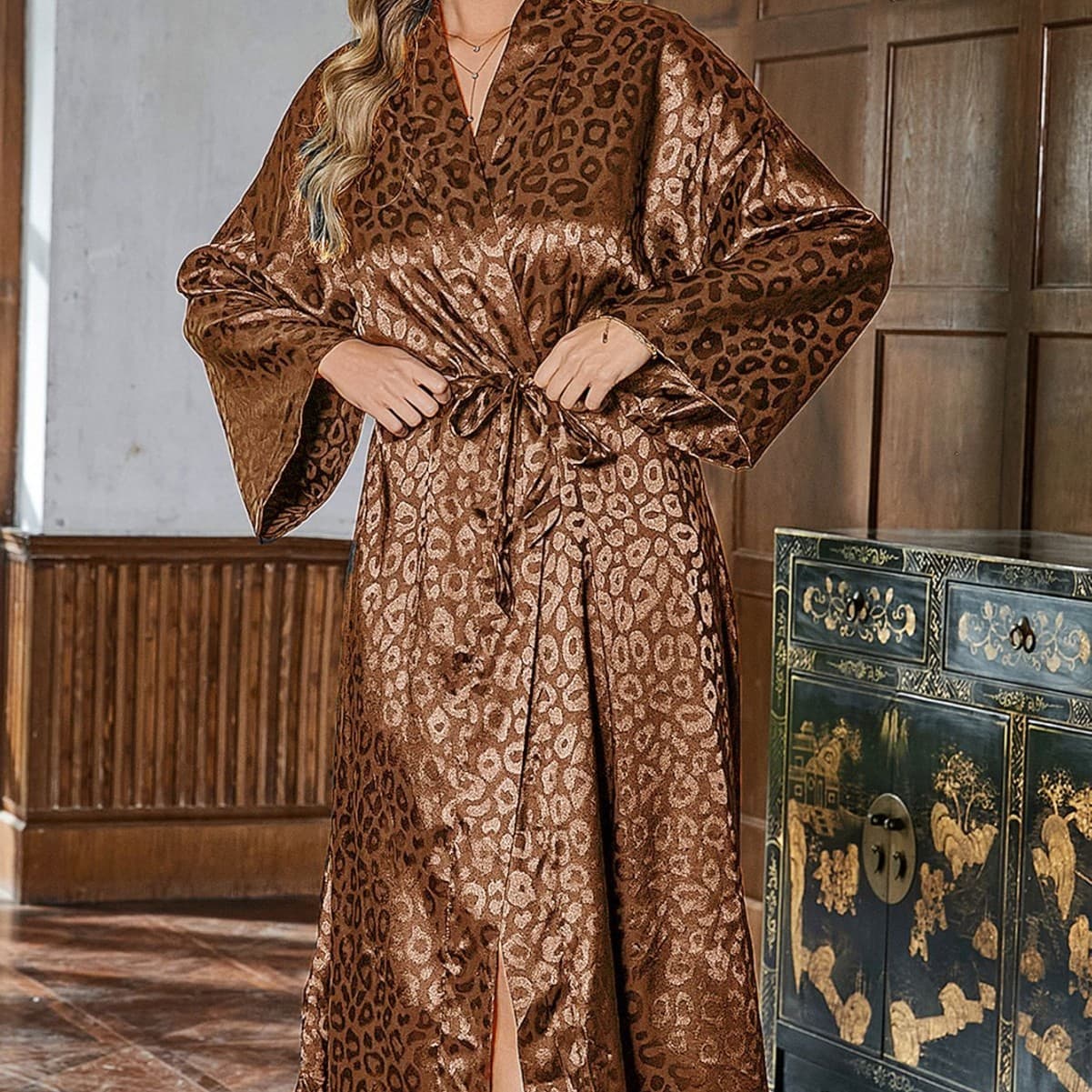Cross-border new satin nightgown pajamas leopard jacquard imitation silk four-season home wear lace-up cardigan outer robe foreign trade