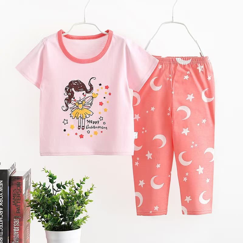 Children's Loungewear Summer New Korean Style Cartoon Cute Girls' Short Sleeve Long Pants Boys' Air-Conditioned Room Outfit Set Wholesale