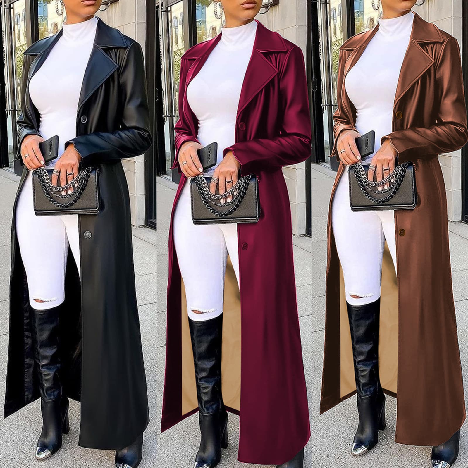 LD2271 Autumn/Winter Women's Cardigan with Lapel Collar Buttons Streetwear Versatile Warm Long Leather Jacket