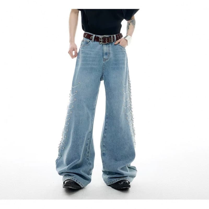 American Vintage Washed Gray Distressed Flared Jeans for Men, Designer Loose Straight-Leg Unisex Versatile Streetwear Long Pants