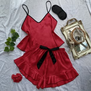 European and American Hot Selling Exotic Lingerie Imitation Silk Camisole Ruffle Stitching Shorts Women's Sexy Homewear Set