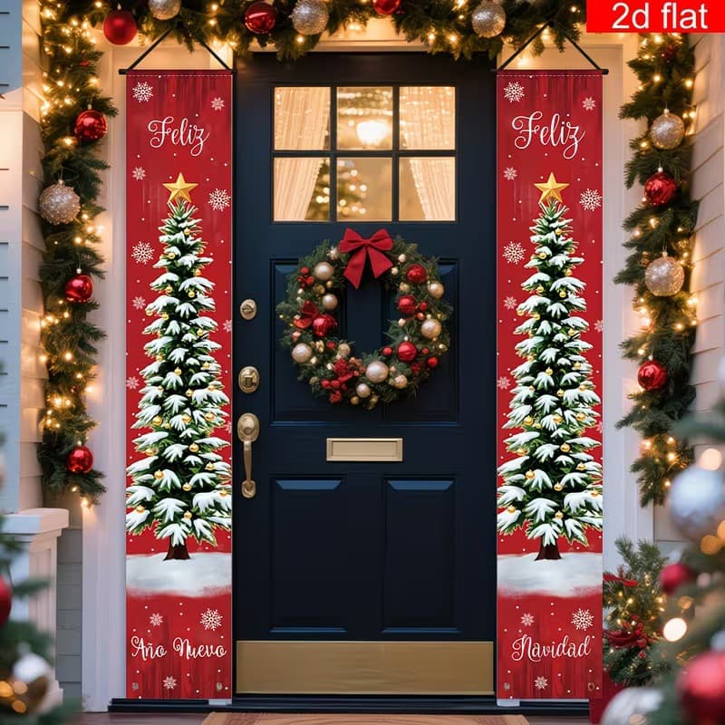 Amazon Merry Christmas Party Decoration Bunting Flag Polyester Material Christmas Snow Scene Christmas Tree Pattern Hanging Banner