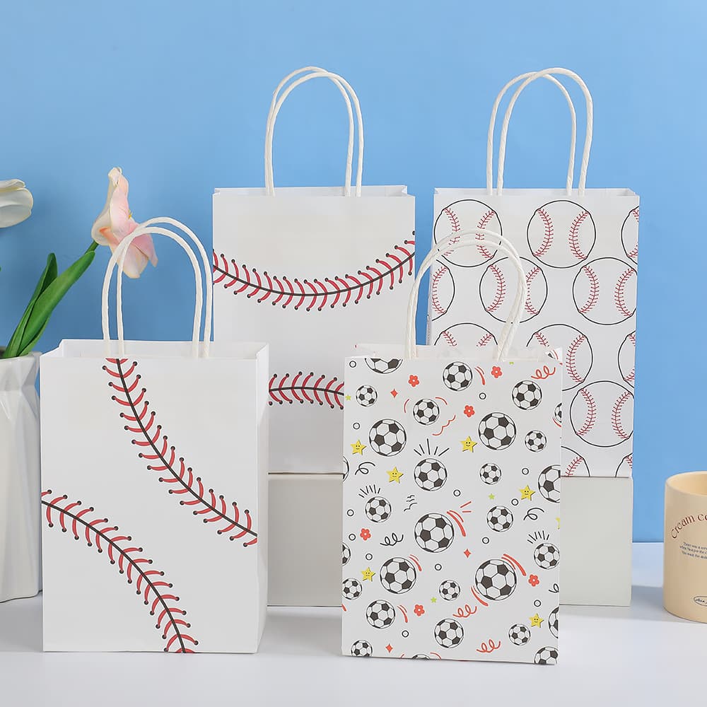 Cartoon Baseball Print Tote Bag Kids Kraft Paper Bag Gift Packaging Bag Holiday Party Gathering Gift Bag