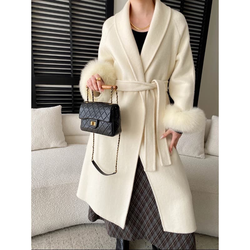 Sinana Detachable Furry Sleeves Premium Bathrobe-Style Belted V-Neck Wool Double-Faced Coat SN8478