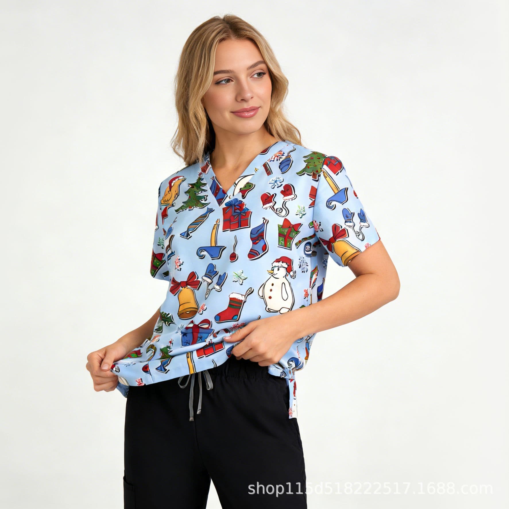 European and American Doctor Elastic Print Short Sleeve Top Nurse Uniform Surgical Gown Clinic Dental Scrub Quick Sale