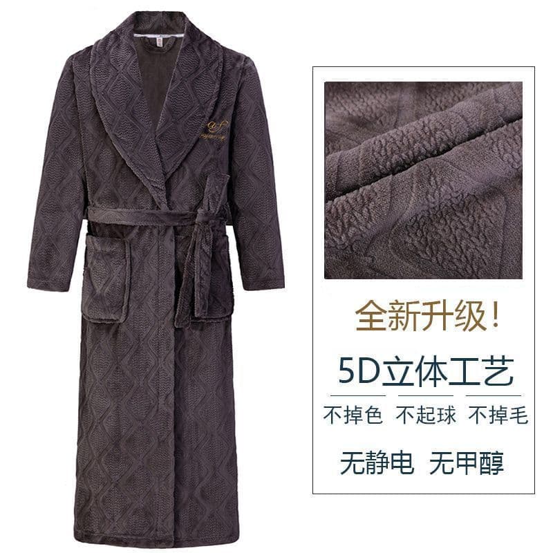 (New) Winter Pajamas Thick Coral Fleece Robe for Men, Large Size Long Flannel Bathrobe, Shower Bathing Robe