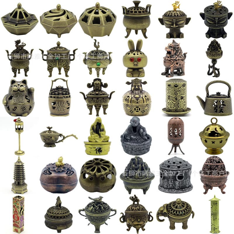 Metal Censer Small Incense Burner Dragon and Phoenix Auspicious Creative Incense Holder Home Indoor Auspicious Cloud Elephant Feet Lotus Sandalwood Agarwood Tower