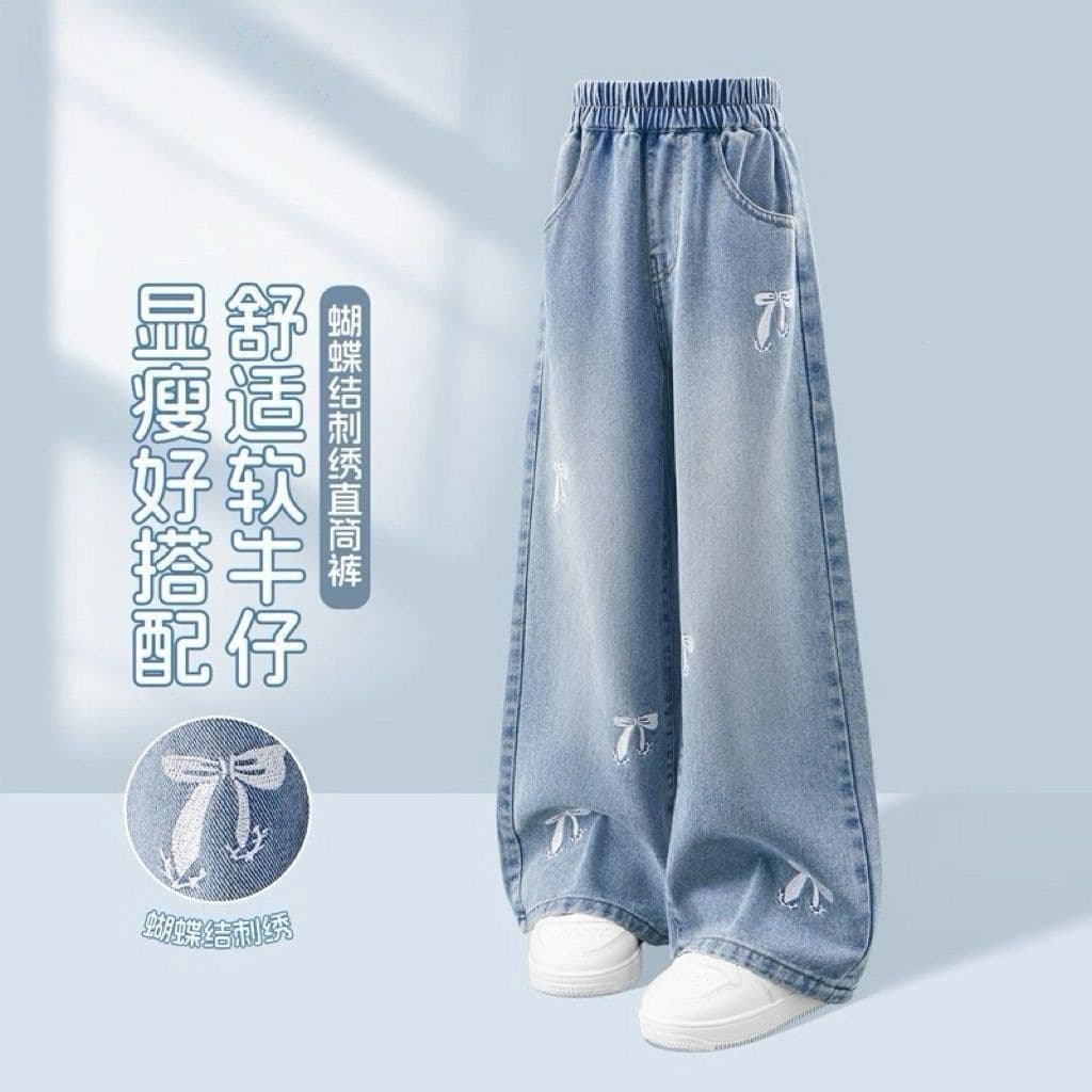 Girls' Jeans with Butterfly Embroidery, New Summer Style, Soft Denim Straight-Leg Pants for Kids, Slimming Long Pants for Older Children