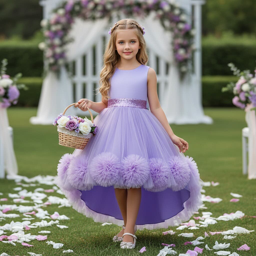 Hot Selling 3D Embroidered Tulle Train Dress Wedding Flower Girl Dress Children's Communion Dance Performance Costume
