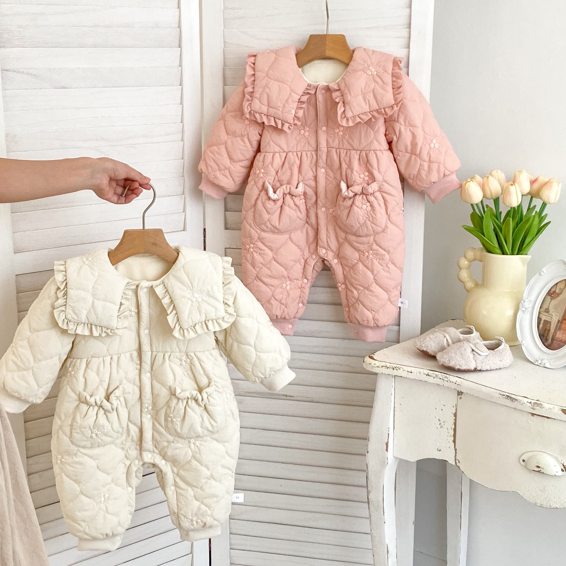 Sweet Winter Newborn Baby Girl Cotton Suit Ins Collar Romper Fleece Lined Warm Baby Clothes Crawling Suit Footed Onesie