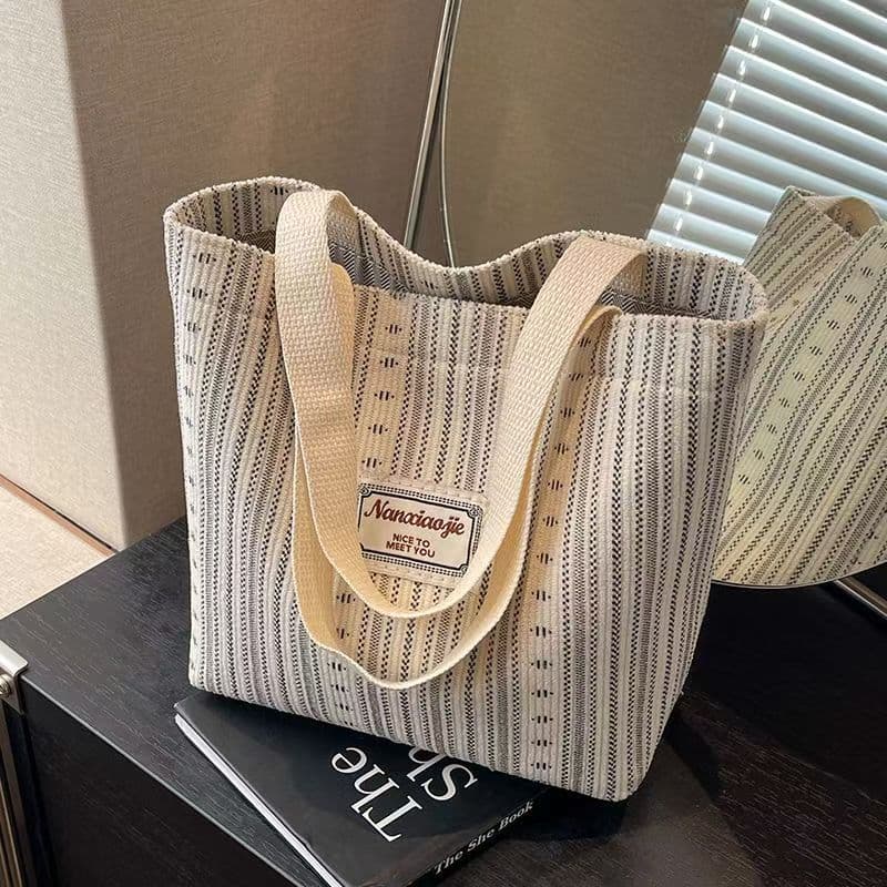 Ins Japanese Style Bag Women's 2024 Canvas Bag Fashionable Striped Hand Shoulder Bag Women's Class Tote Commuter Bag