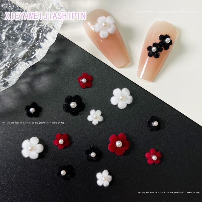 20 Pcs Autumn/Winter Flocked Pearl Five-Petal Flower Nail Art Decorations, French Nail Accessories, 3D Small Flower Nail Embellishments