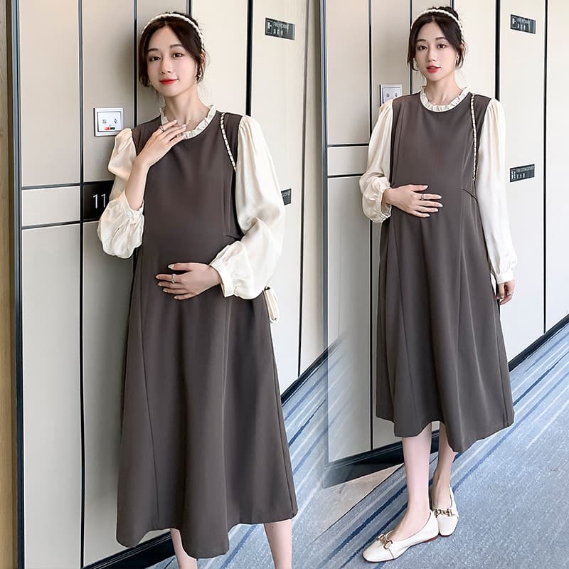 Maternity Wear 2025 Summer Fake Two-Piece Long Sleeve Dress Loose Large Size French Puff Sleeve Dress