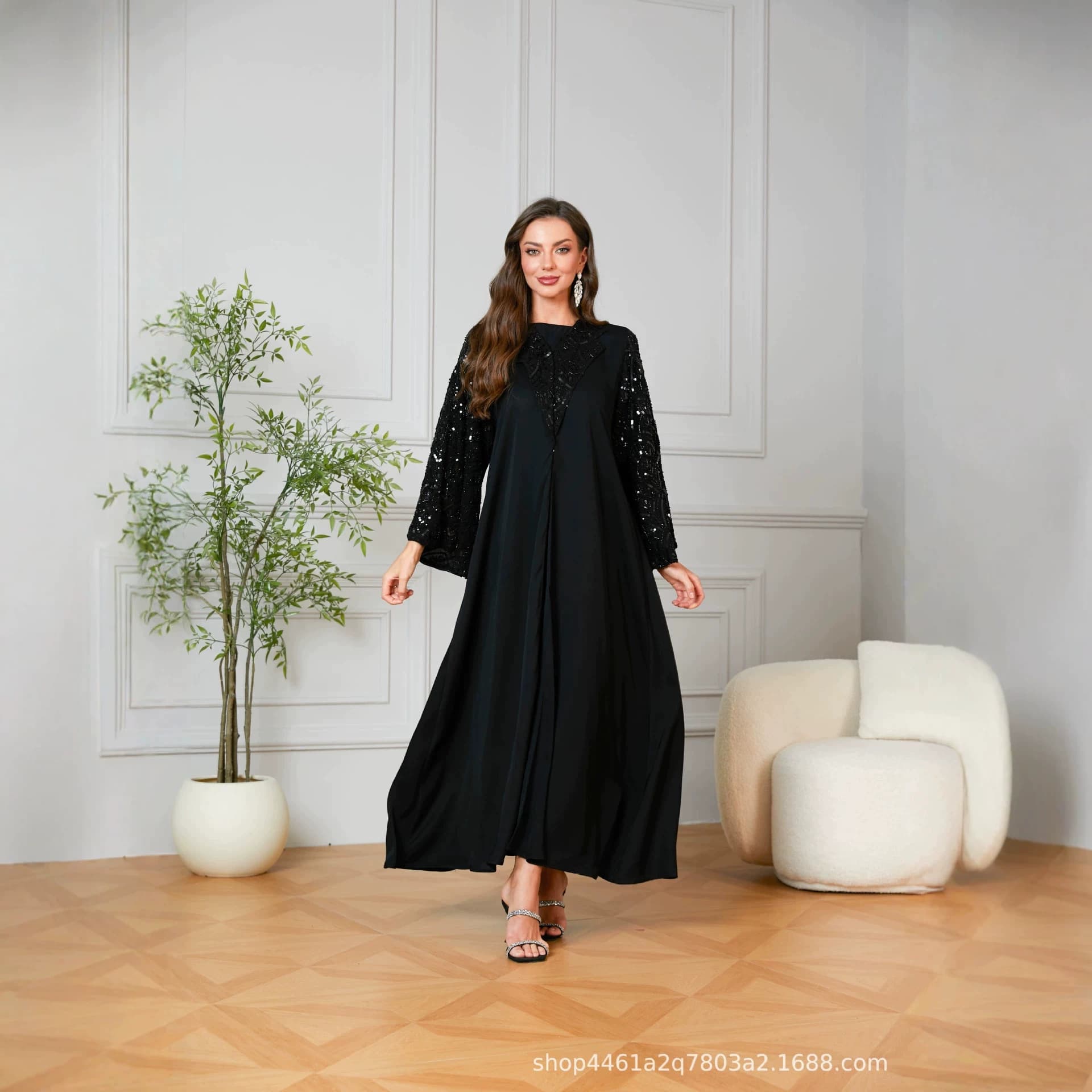 Cross-border AliExpress Sweet Long Sleeve Round Neck Embroidery Beaded Heavy Craft Elegant Dignified Dress Long Dress