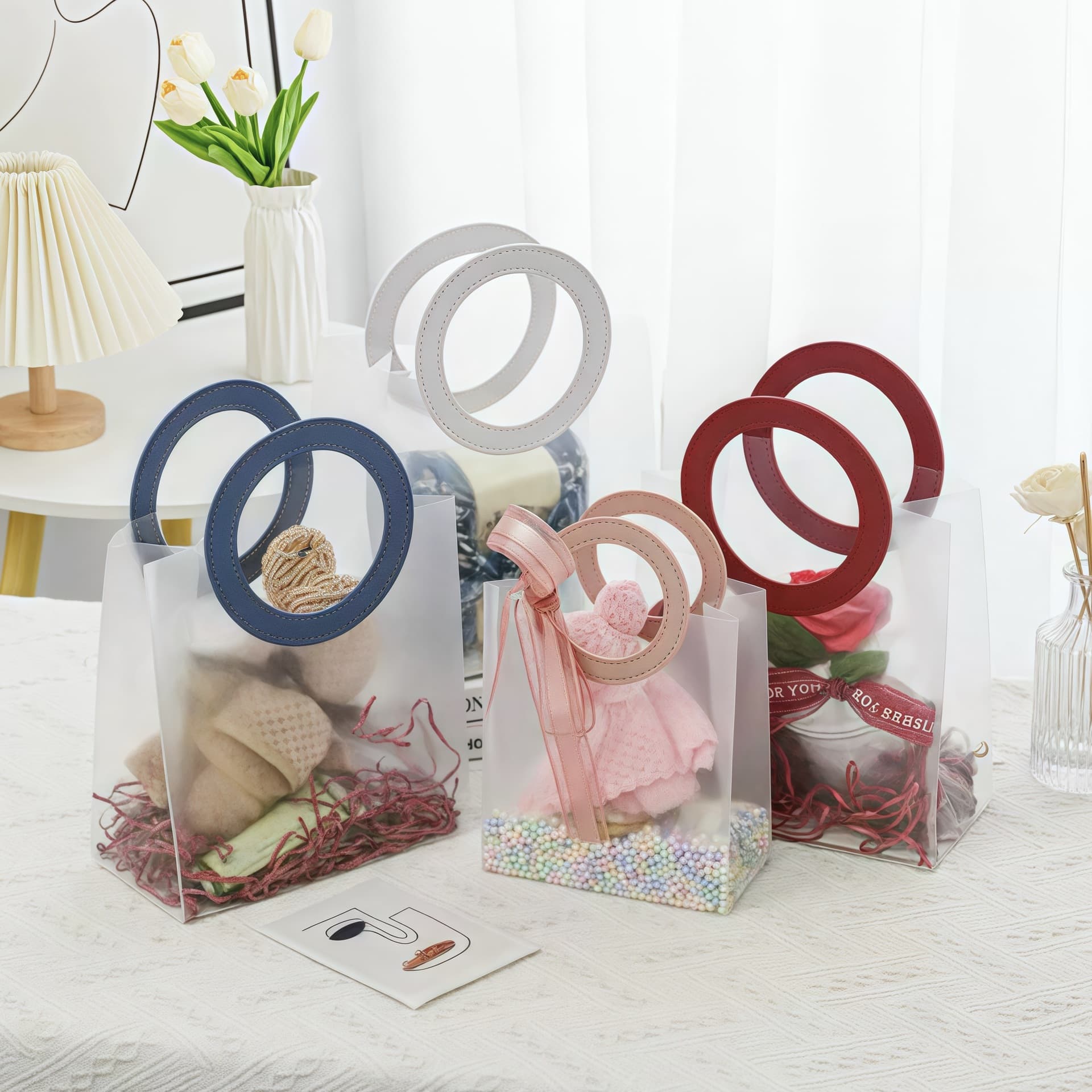 Transparent frosted pp round handle handbag, fashionable and high-end holiday gift packaging bag, wedding souvenir bag