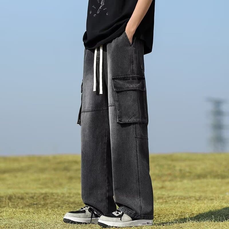 Men's Autumn Semi-Elastic Waist Straight Loose Casual Jeans with Patchwork, Wide-Leg Floor-Length Trousers