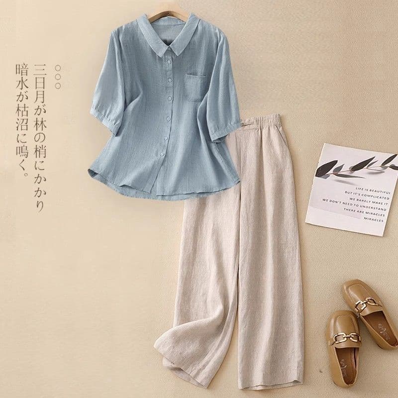 Summer Suit Casual Cotton and Linen Tops for Women Two-Piece Set Thin New Chinese Style Pants New Loose Straight Wide-Leg Pants