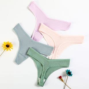Cotton Seductive Sexy Women Thong Girls Underwear Fashion Solid Color T-Panties Women Ribbed Triangle Panties