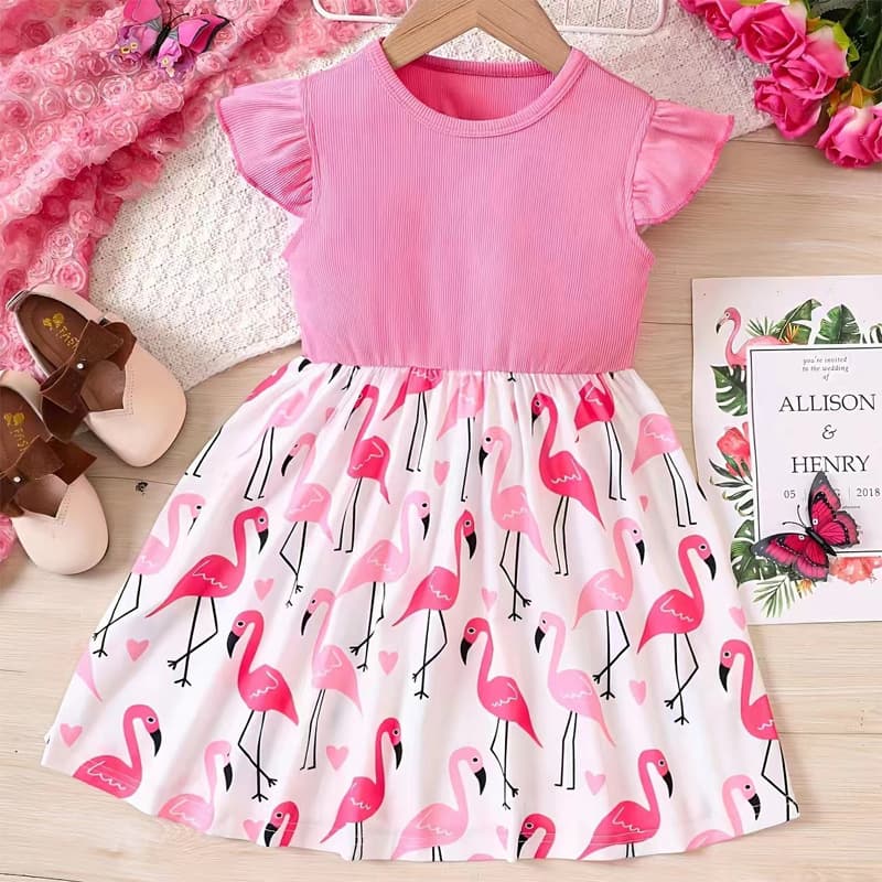 Ouji Rabbit 2025 Cross-border New Style Girls' and Toddlers' Summer Printed Ruffle Trim Casual Everyday Dress