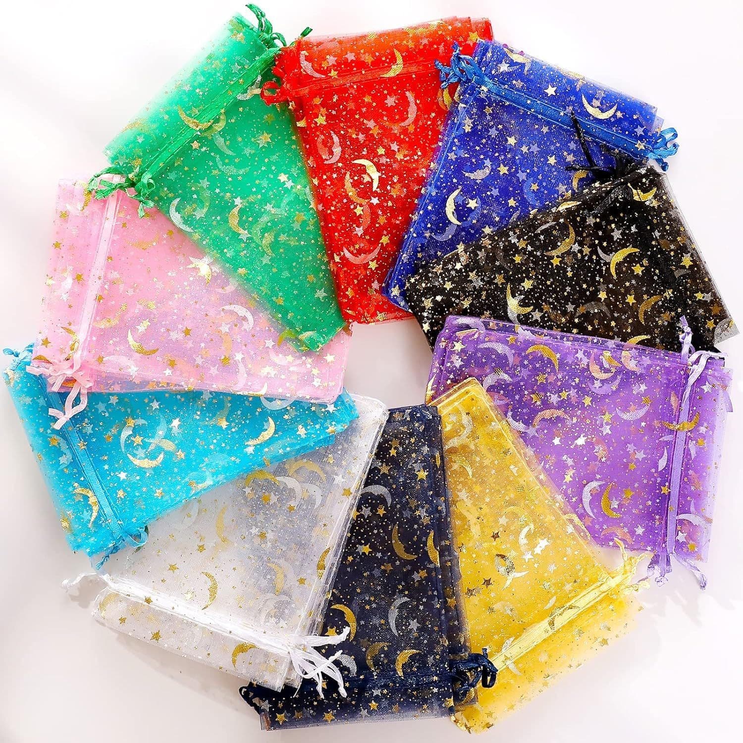 Net organza bags with gold/silver foil stars and moons, drawstring jewelry, cosmetics, gift packaging storage bags.