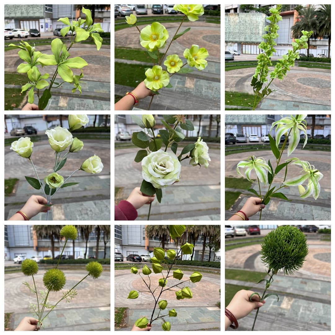 Green Wedding Artificial Flower Manufacturer Green Hydrangea Rose Delphinium Lotus Onion Ball Wedding Soft Decoration Fake Flower Wholesale