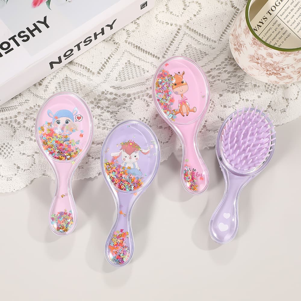 Children's Cartoon Glitter Quicksand Hairbrush High Appearance Small Oval Cushion Comb Head Meridian Massage Comb Wholesale