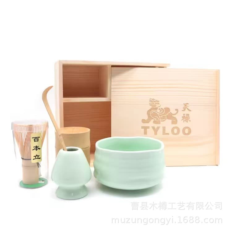 Wooden Matcha Set with Bamboo Whisk, Japanese Ceramic Matcha Whiskey Set in Wooden Gift Box