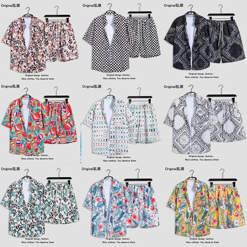 Hawaiian beach vacation style short-sleeved suit for male and female students loose couple shorts floral shirt casual two-piece set