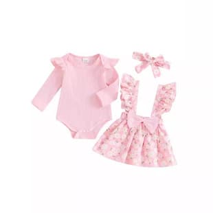 Cross-border Baby Infant European American Pastoral Style Simple 3-Piece Bodysuit Bow Floral Print Suspender Skirt