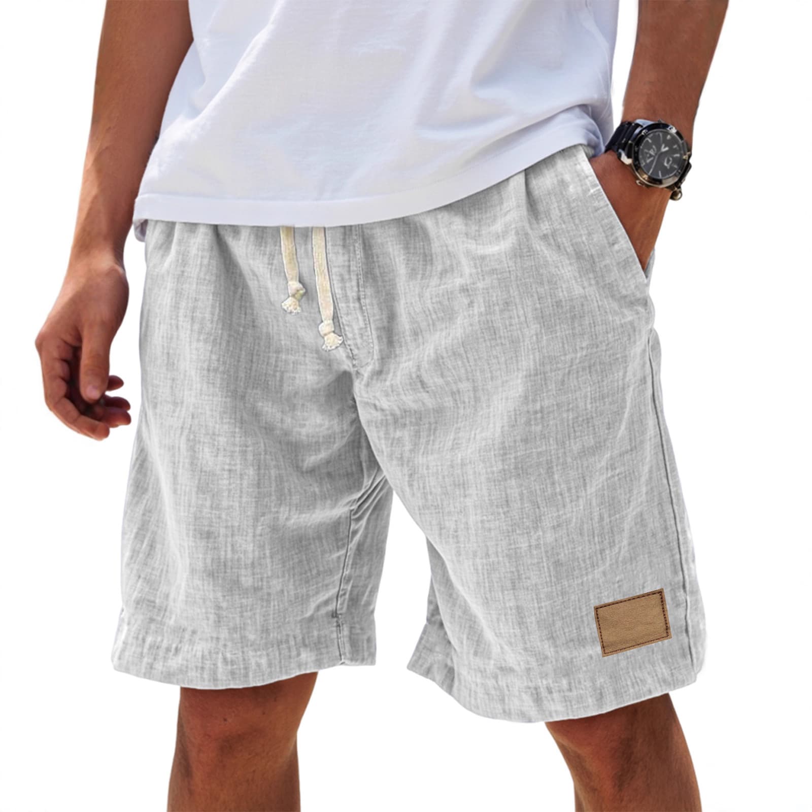 130091 Thin Material Pocket Leather Label Cross-border Amazon New Style Imitation Linen Five-Point Pants Casual Pants Men's Drawstring Shorts