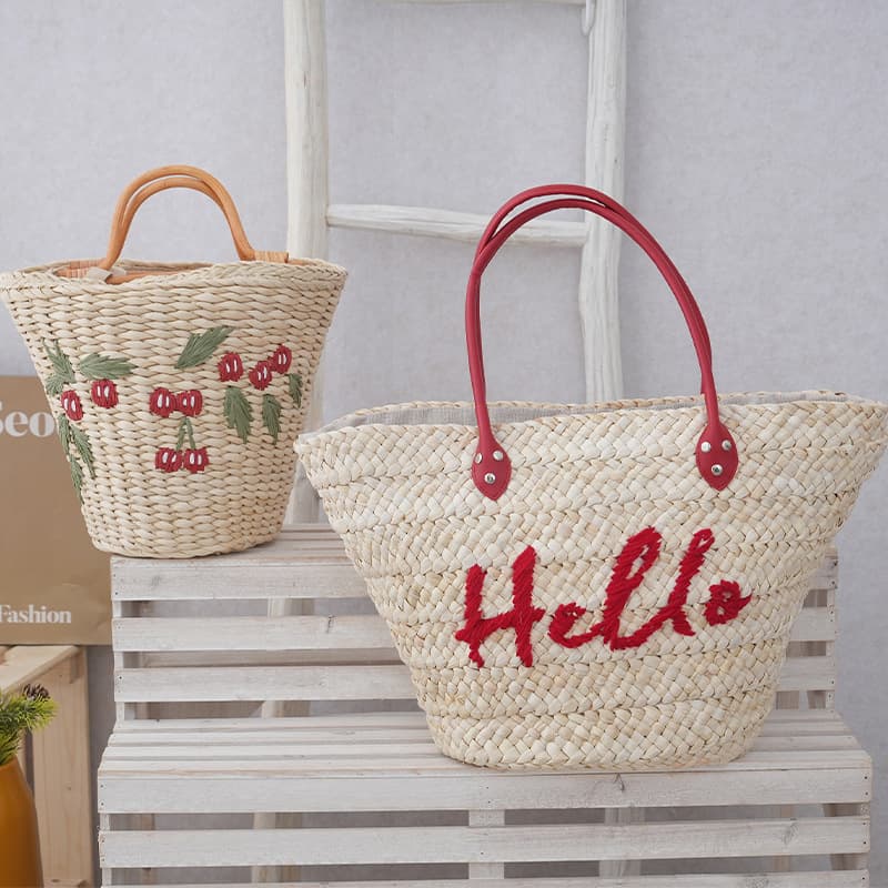 Tote Bag Embroidered Floral Woven Bag Lychee Cherry Woven Bag Text Handbag Beach Bag Cross-Border Wholesale