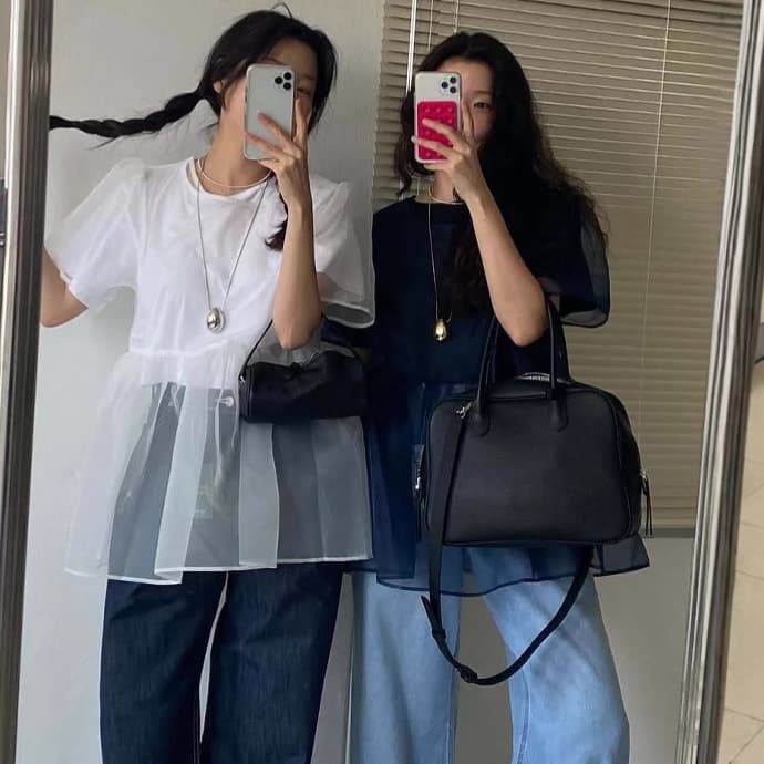 Korean chic 2025 summer new Korean style niche round neck mesh back tie short-sleeved blouse women's top