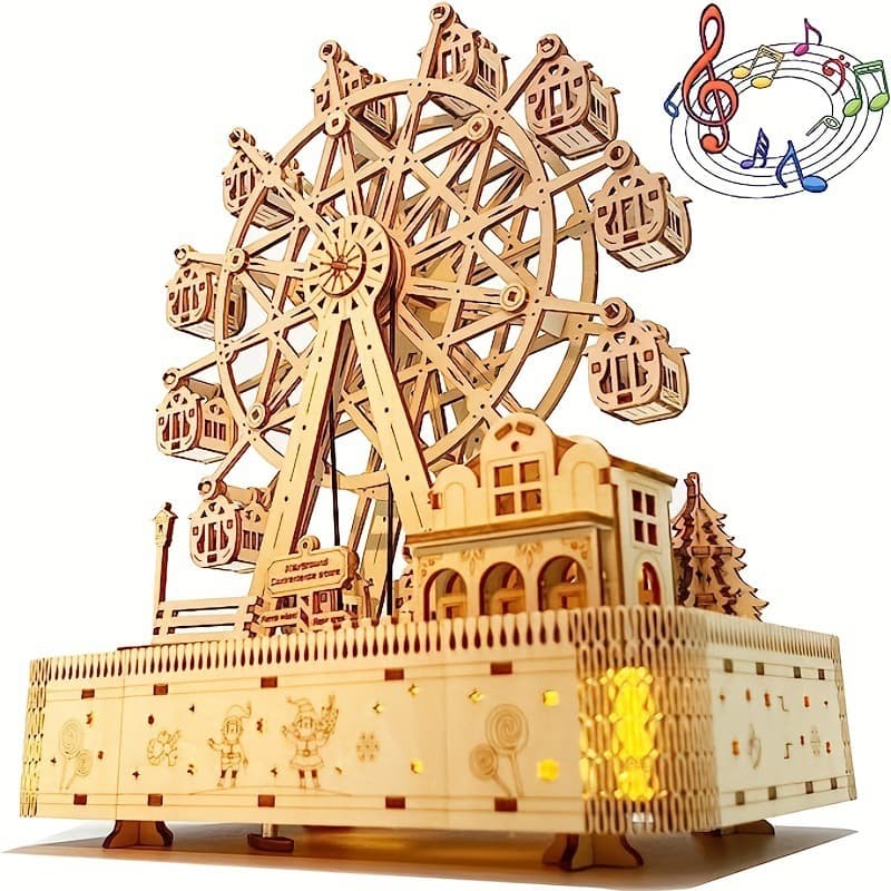 2026 New Cross-Border Dropshipping 183-Piece 3D Wooden Ferris Wheel Puzzle with LED Music Box