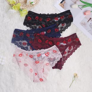 French Lace Lip Print Sexy Semi-Sheer Panties, Mesh Fabric, Skin-Friendly, Breathable, Half-Hip, Sexy Women's Bikini Panties