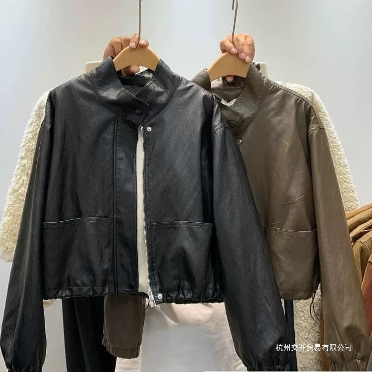 Korean-style Stand Collar Faux Leather Jacket with Fleece Lining for Women, Winter Drawstring Waist Motorcycle Coat, Thickened Warm Jacket