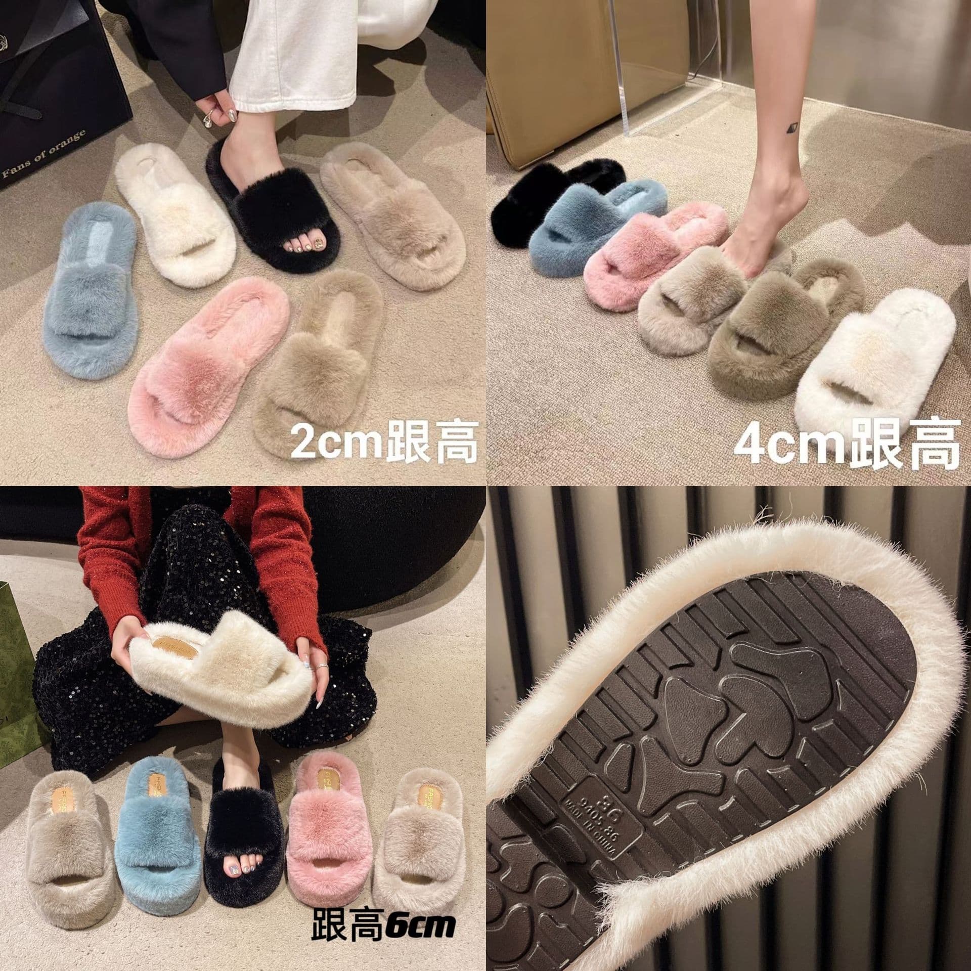Overseas Trade Cross-border Plus Size Outdoor Warm Furry Slides Fashionable Simple 2-4-6cm Heel Height Women's Thick Sole One-strap Furry