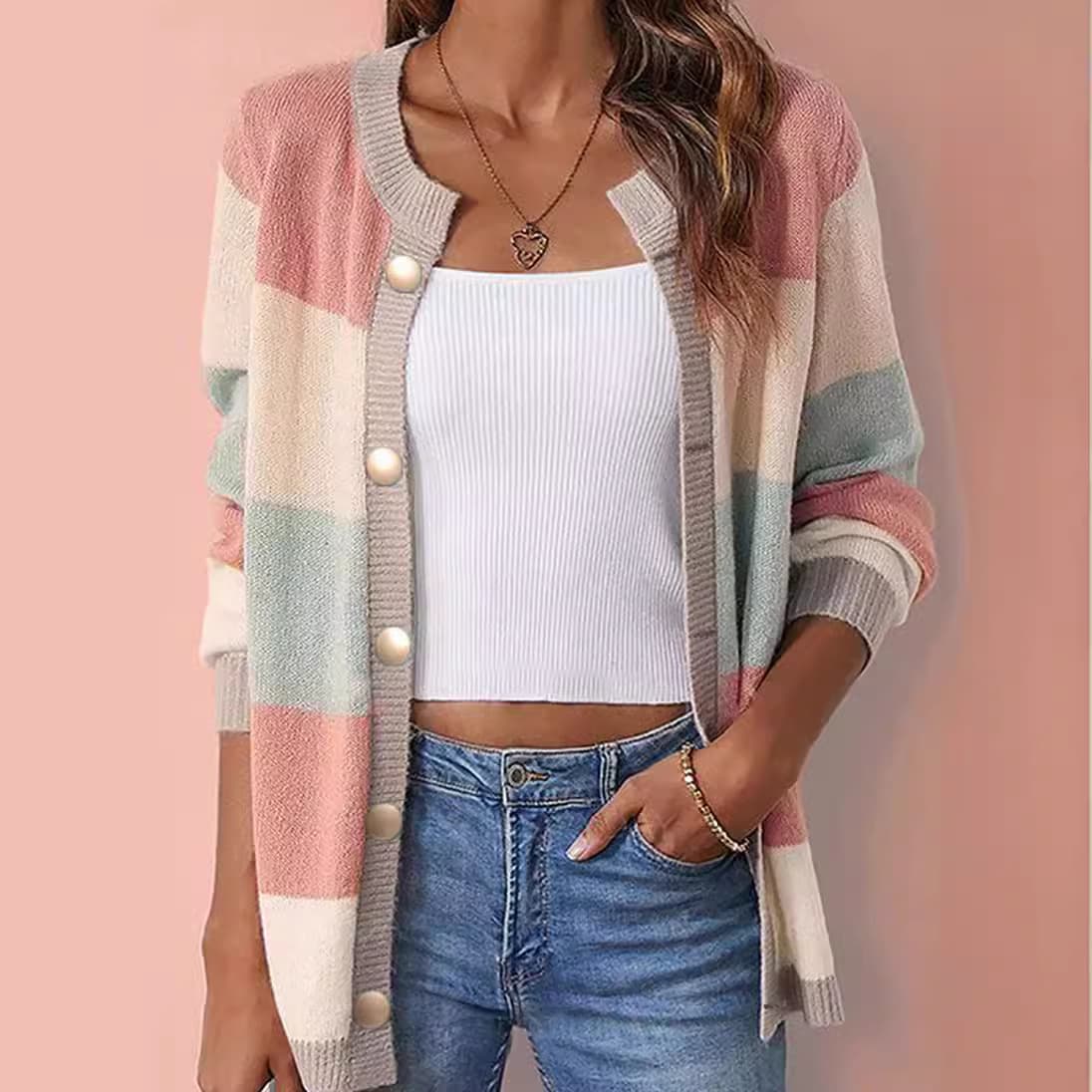 Cross-Border Spring Autumn Women's Color-Block Long Knit Cardigan, Round Neck Loose Korean Style Sweater Coat