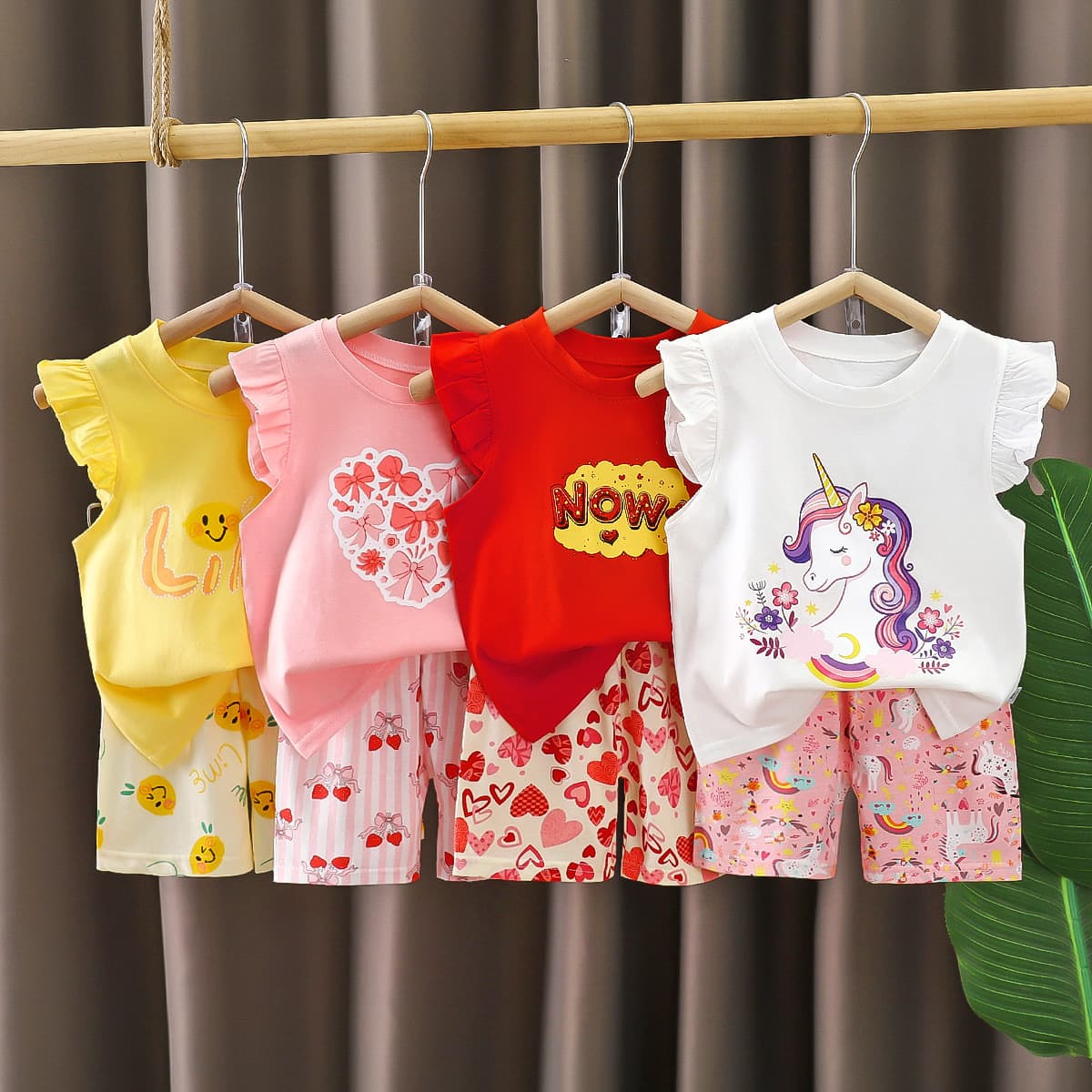 Girls short-sleeved suit pure cotton summer new style girls flying sleeve shorts two-piece set baby summer clothes summer children's clothes