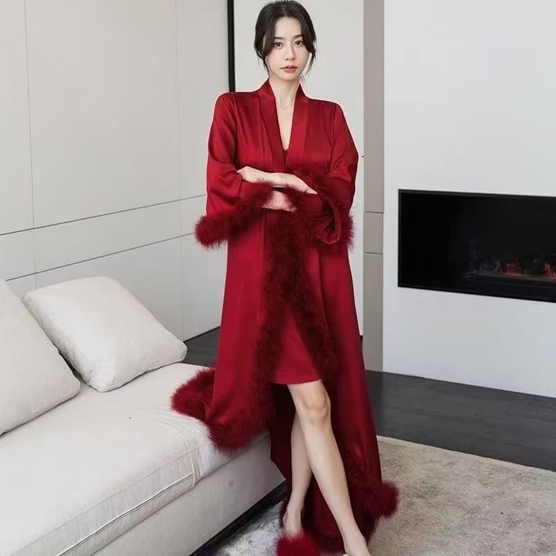 Plus Size 300 Jin Morning Robe Women Bride Wedding Premium Velour Robe with Faux Fur Trim Sleepwear Set