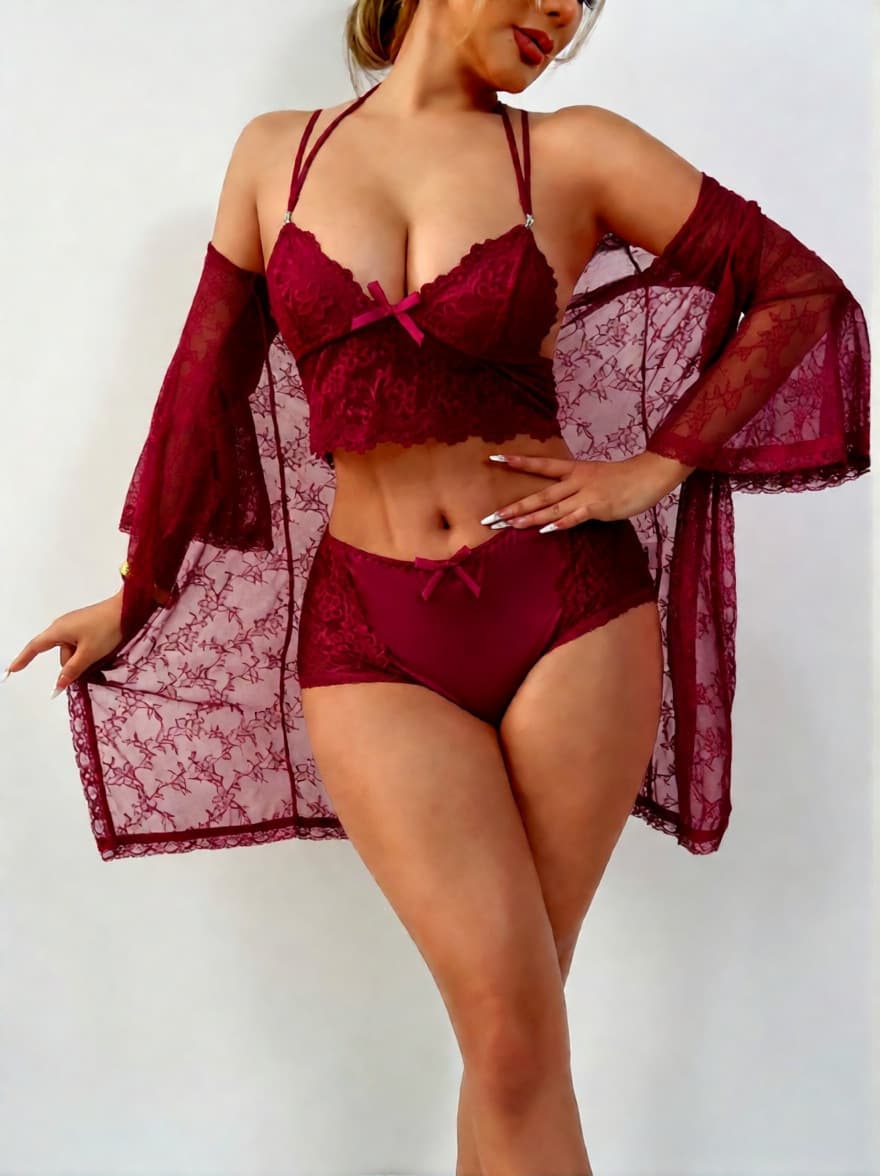 New Cross-Border Amazon Lace Sheer See-Through Chemise Sleepwear Sexy Lingerie Set
