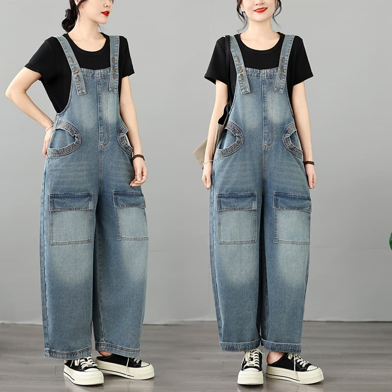 New Spring Real Shot Plus Size Design Fishmouth Pocket Denim Overall Pants