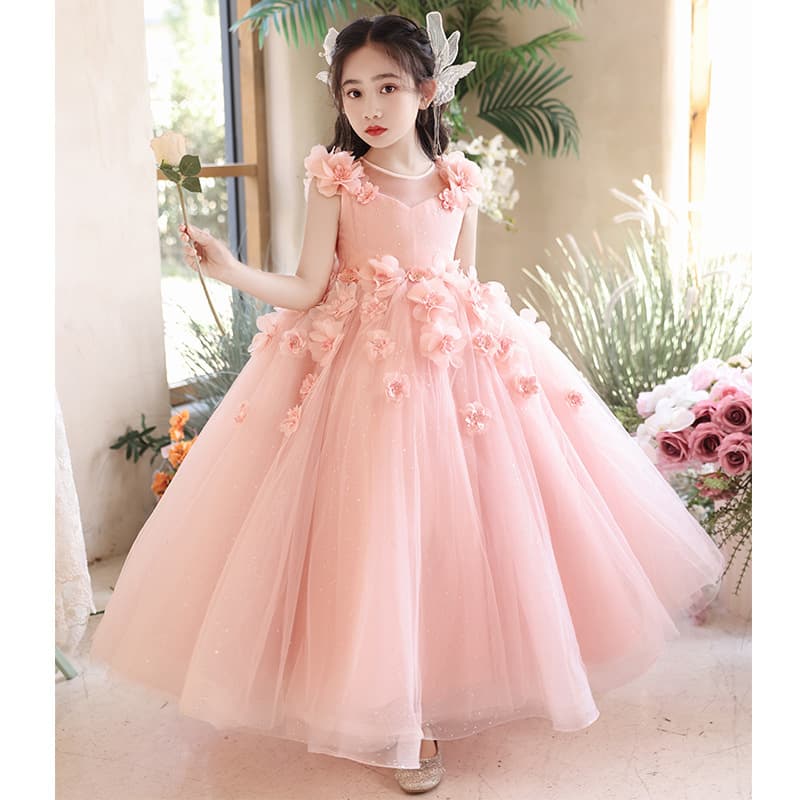 2026 New Children's Princess Dress Flower Girl Pink Floral Host Piano Performance Costume Manufacturer