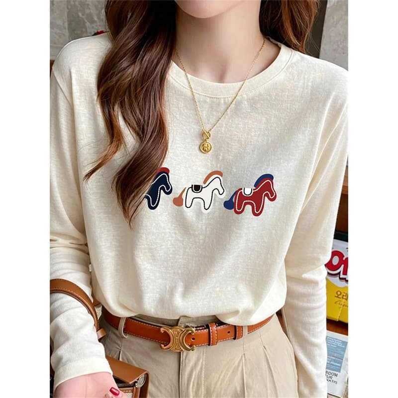 Light yellow design non-colliding right shoulder long-sleeved T-shirt for women snowflake cotton fashion top thin bottoming shirt summer