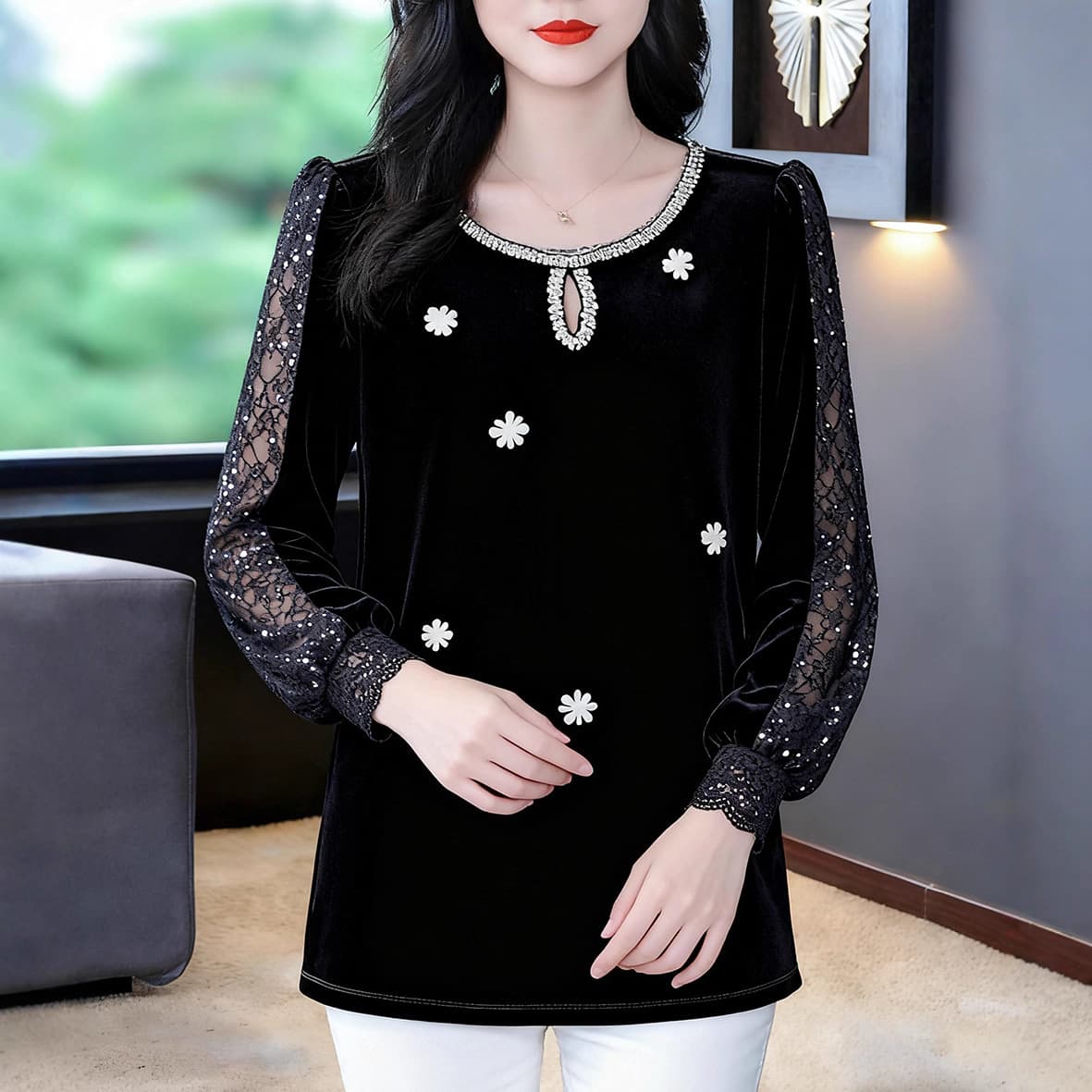 2025 Autumn/Winter New Style High-End European Light Luxury Hand-Beaded Velvet Long-Sleeve Versatile Elegant Blouse Plus Size Women's Wear