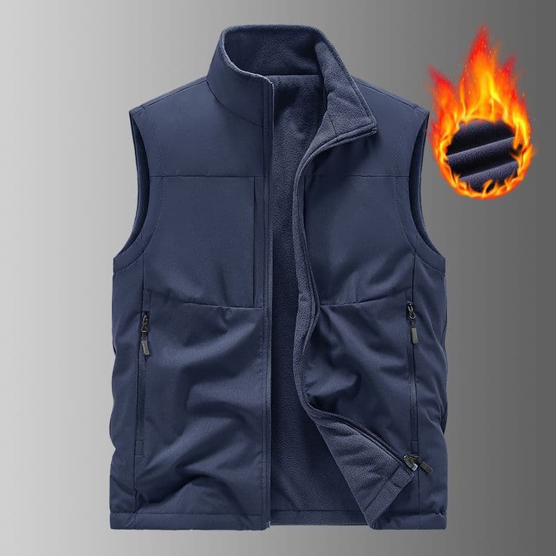 Men's winter fleece-lined vest with multiple pockets, suitable for middle-aged fathers, outdoor hiking, loose-fitting hooded jacket/sleeveless coat.